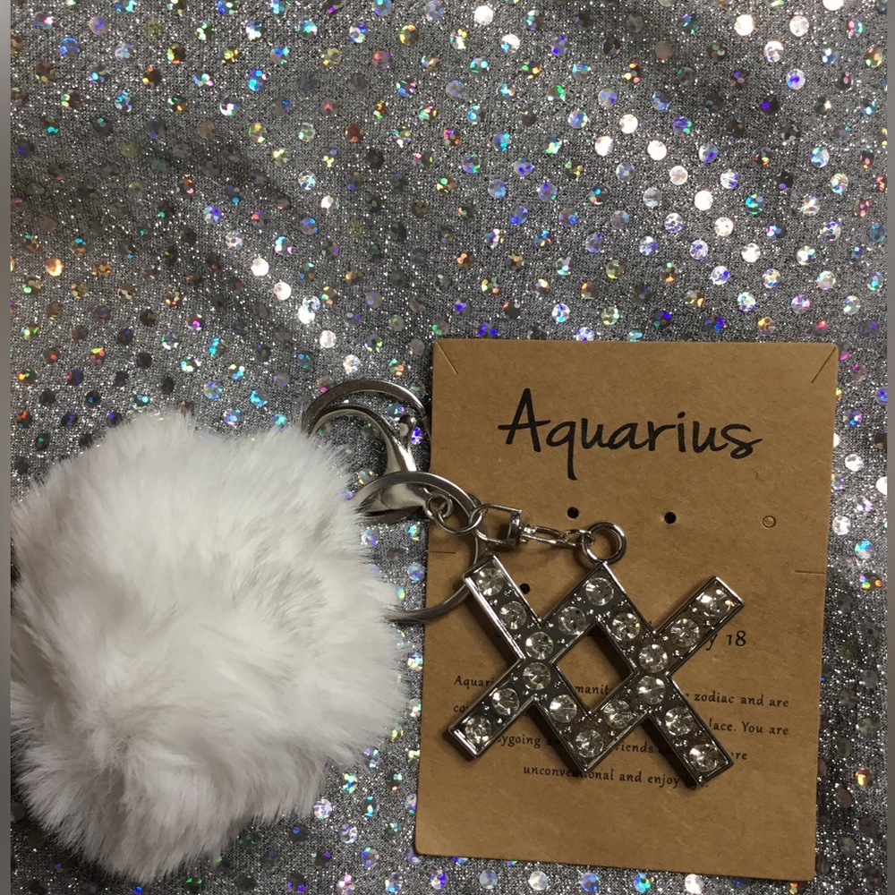 Aquarius Sliver Keychain with White Pom Pom